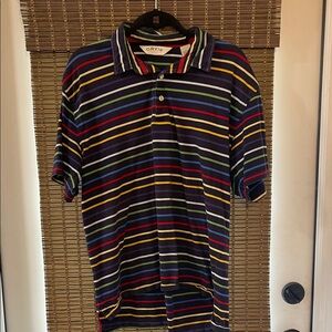 Orvis Striped Navy Polo with Red, Yellow & Green Accents 100% Cotton